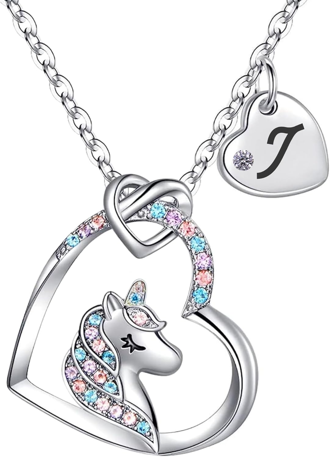 Unicorn Necklace for Girls Kids with Personalized Initial Heart Pendant, 18K Gold Fashion Jewelry for Girls, Colorful Heart Necklace for Birthday Gifts.