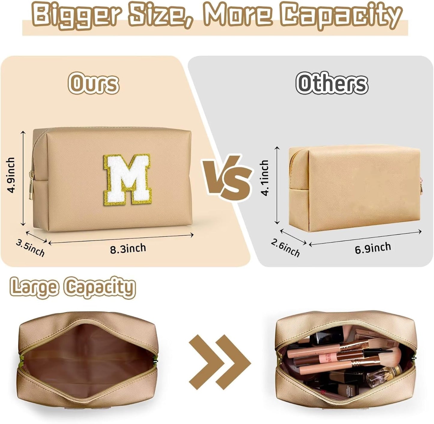 TOPEAST Initial Makeup Bags for Women, Personalized Portable Cosmetic Bag with Zipper, Cute Makeup Pouch, Bridesmaid Gifts for Wedding Day, Girl Trendy Stuff(Khaki X)