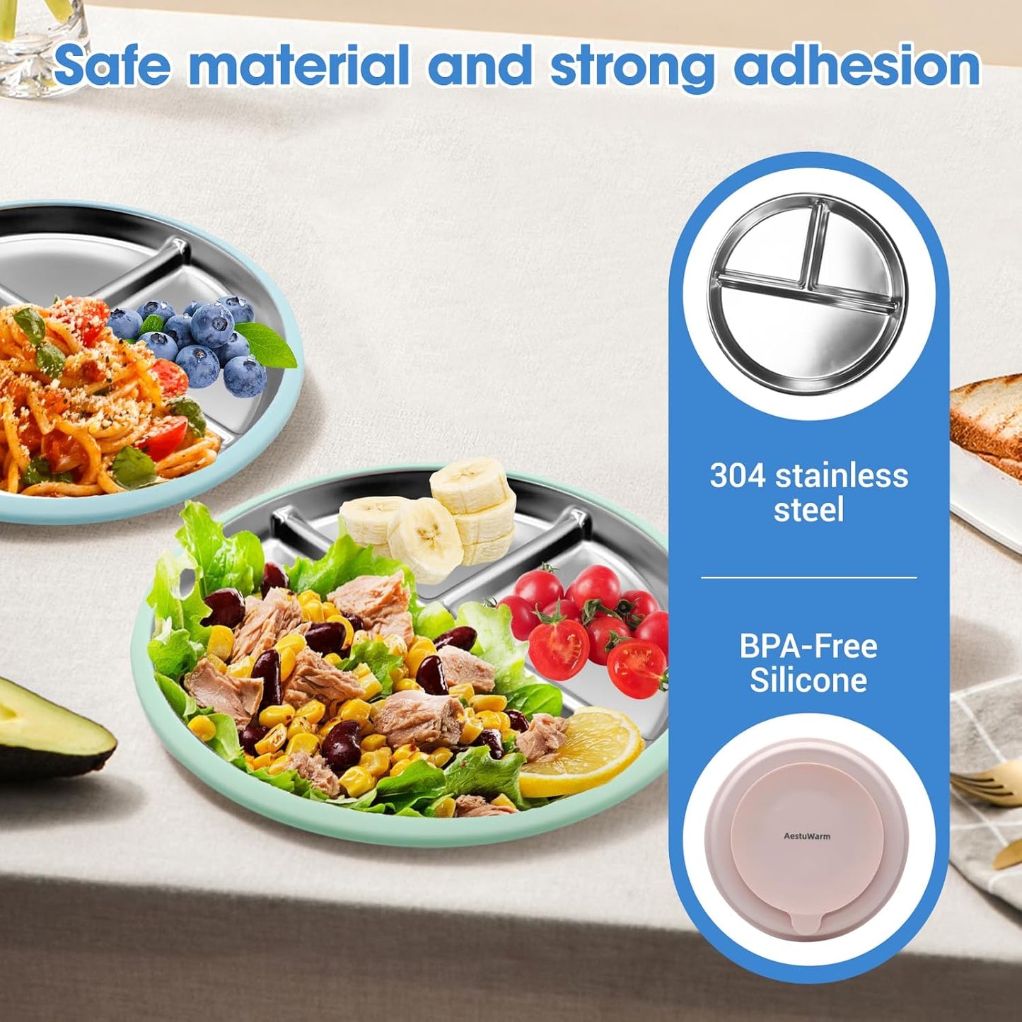 Stainless Steel Kids Plates with Suction (4 Pack, Multicolor) –9 Inch Divided Toddler Plates with Extra-Large One-Piece Silicone Suction Base | Dinner & Snack Plates | BPA-Free