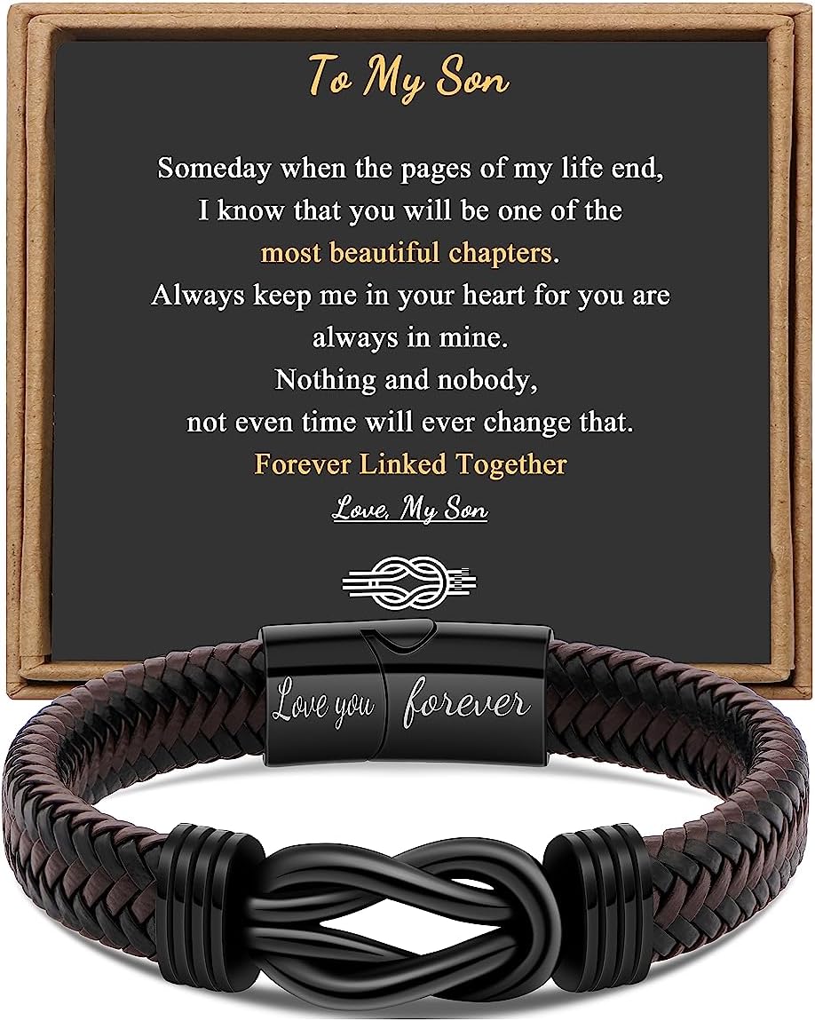 Gift for Men Infinity Bracelet for Men Dad Husband Boyfriend Son Grandson Brother Nephew Uncle Brown Braided Leather Forever Linked Together Stainless Steel Engraved with Love You Forever Jewelry 7.5|8.5|9 Inches
