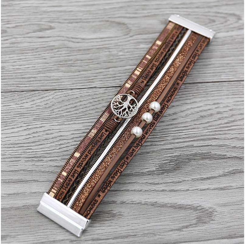 Fesciory Leopard Bracelet for Women, Boho Leather Wrap Multi-Layer Pearl Crystal Bracelet Bangle Jewelry