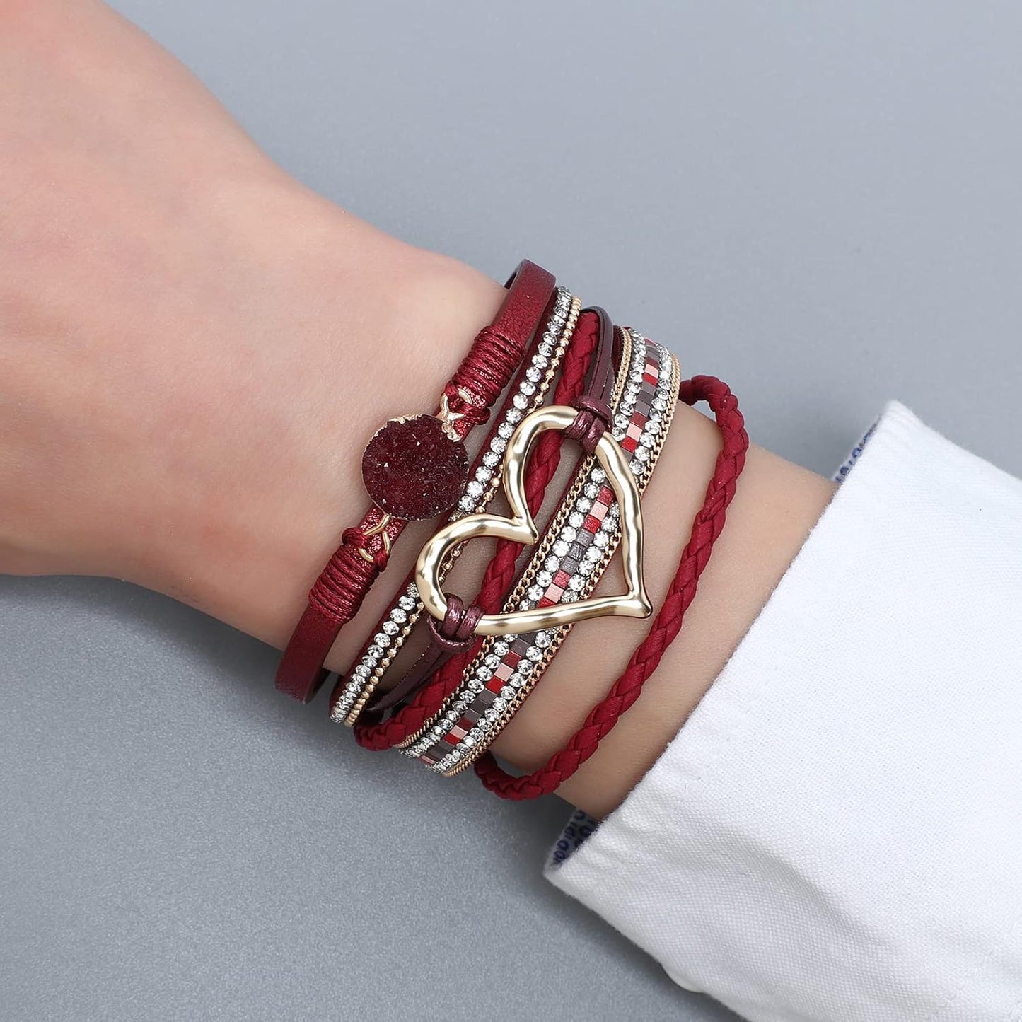 Leather Wrap Bracelet for Women Beaded Cuff Bracelet with Heart-shape Decor Bohemian Crystal Bracelet Jewelry with Clasp Bangle Bracelet for Women Girls Birthday Holiday Gift