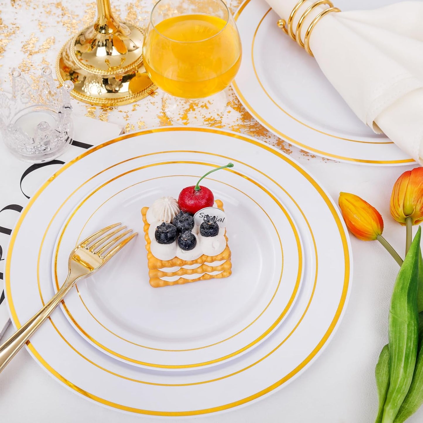 I00000 60 Pieces Gold Plastic Plates, Heavy Duty White and Gold Plastic Plates for 30 Guests Include: 30 Gold Rim Dinner Plates and 30 Gold Dessert Plates Perfect for Wedding, Party & Mother's Day