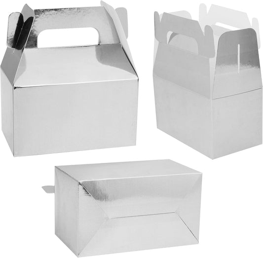 XAGLVV 24 Pcs Silver Party Favor Box, 6.2 * 3.5 * 3.5 Inch Gable Box,Treat Box Party Favor with Handles,Goodie Boxes for Kids Birthday,Wedding, Classroom Activity, Babyshower