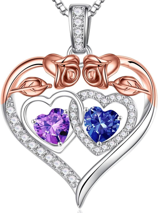 Iefil Double Birthstone Necklace Gifts for Wife Girlfriend Her Women, Birthstone Jewelry Gemstone Valentines Birthday Gifts for Her Women Wife Mom Grandma