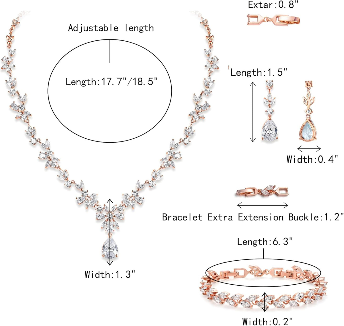 Crysdue Wedding Jewelry Set for Women, Floral Leaf Vine Teardrop Necklace Dangle Earrings Bracelet and Hair Comb, Cubic Zirconia Elegant Party Prom Jewellery for Bridal Bridesmaid