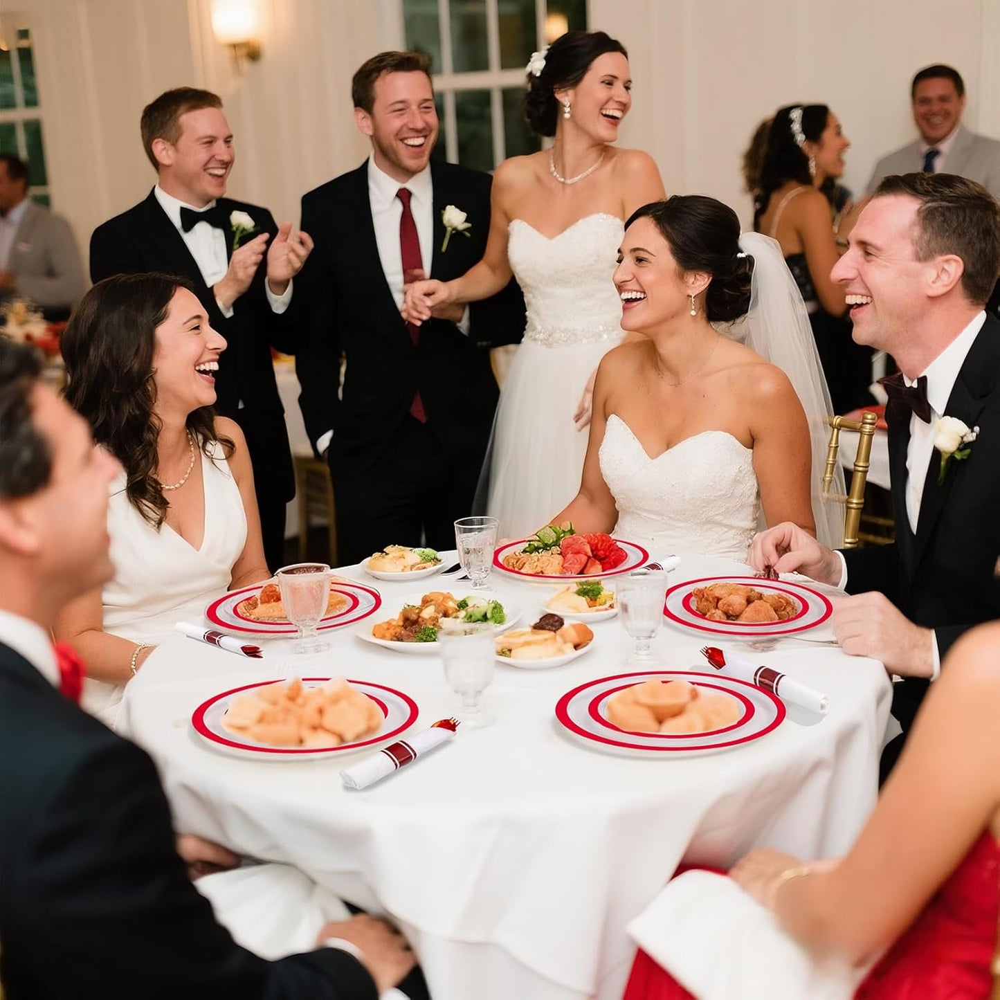 I00000 210 Pcs Red Dinnerware Set,Clear and Red Plastic Plates Include 30 Dinner Plates, 30 Dessert Plates,30 Cups,30 Rolled Napkins with Plastic Cutlery for Romantic Dinner, Christmas Party Supplies