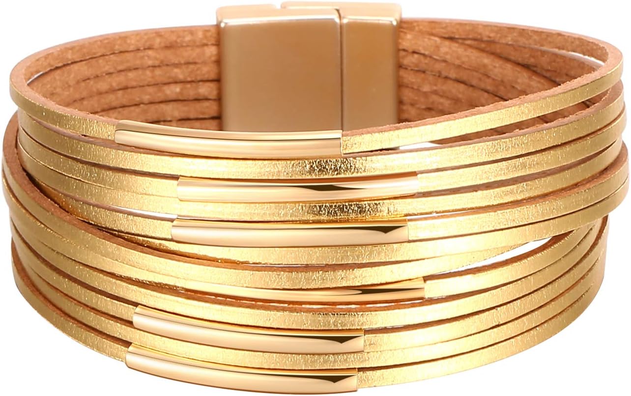 Fesciory Leather Wrap Bracelets for Women, Boho Leopard Multi-Layer Crystal Beads Cuff Bracelet Jewelry