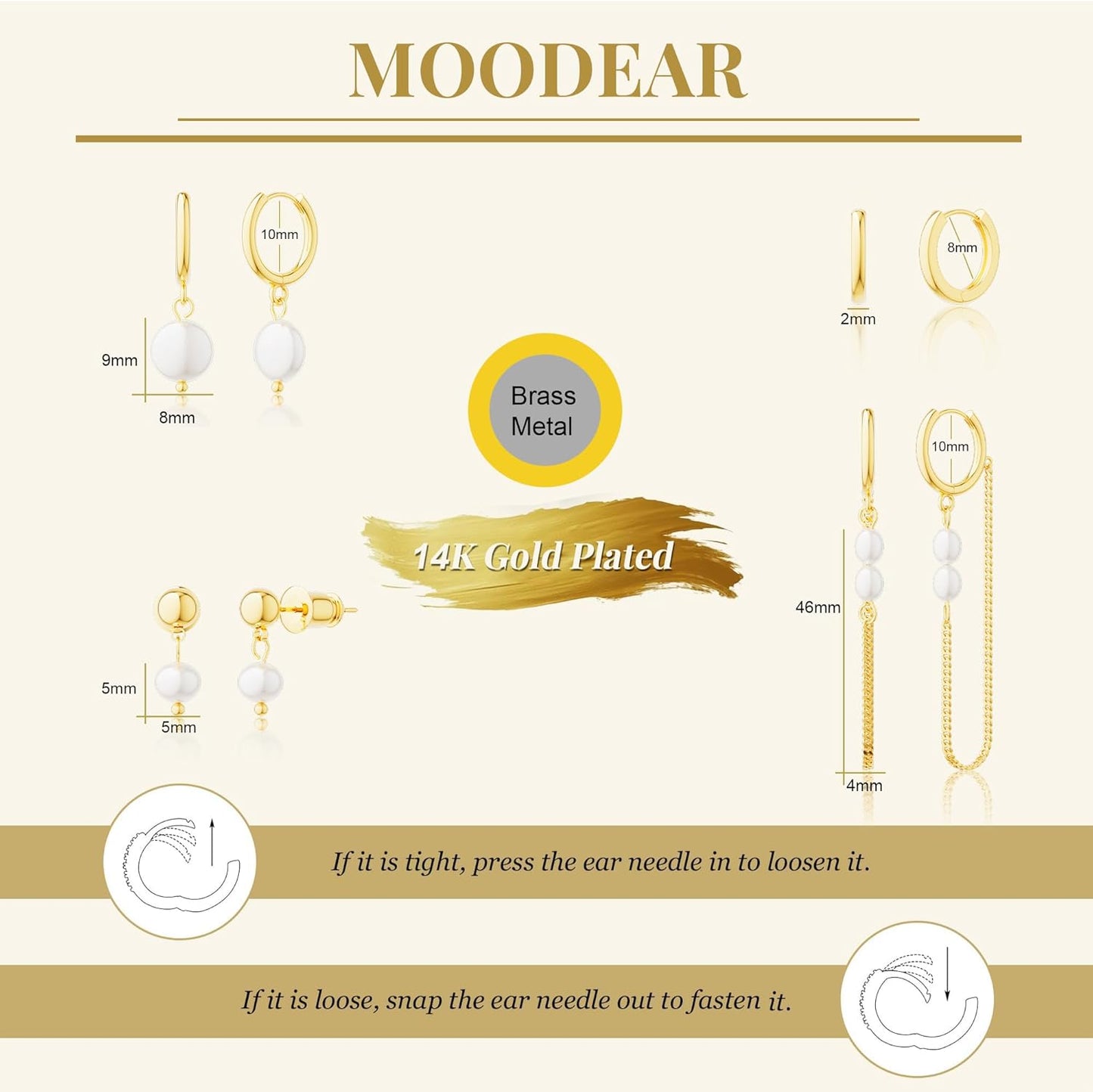 Moodear Gold Earrings for Women No Tarnish - Trendy 14K Gold Plated Pearl Hoop Studs Chain Earrings Stacks for Women Wedding Jewelry Gift