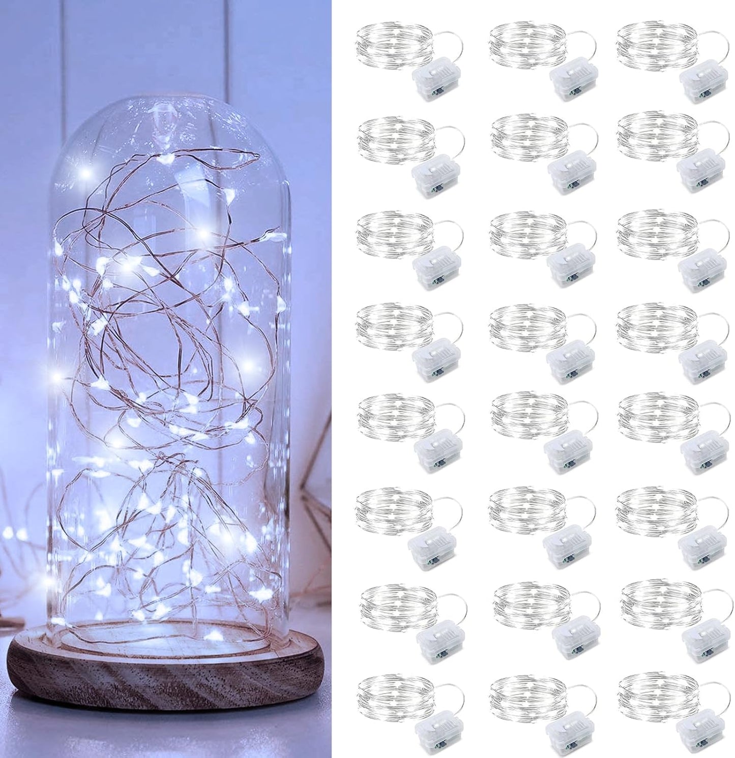 Aogist 24 Pack Fairy Lights 3 Modes 7ft 20 LED Waterproof,Battery Operated Silver Wire Firefly Starry Moon Mini String Lights for Mason Jars Christmas DIY Crafts Wedding Party Bedroom,White