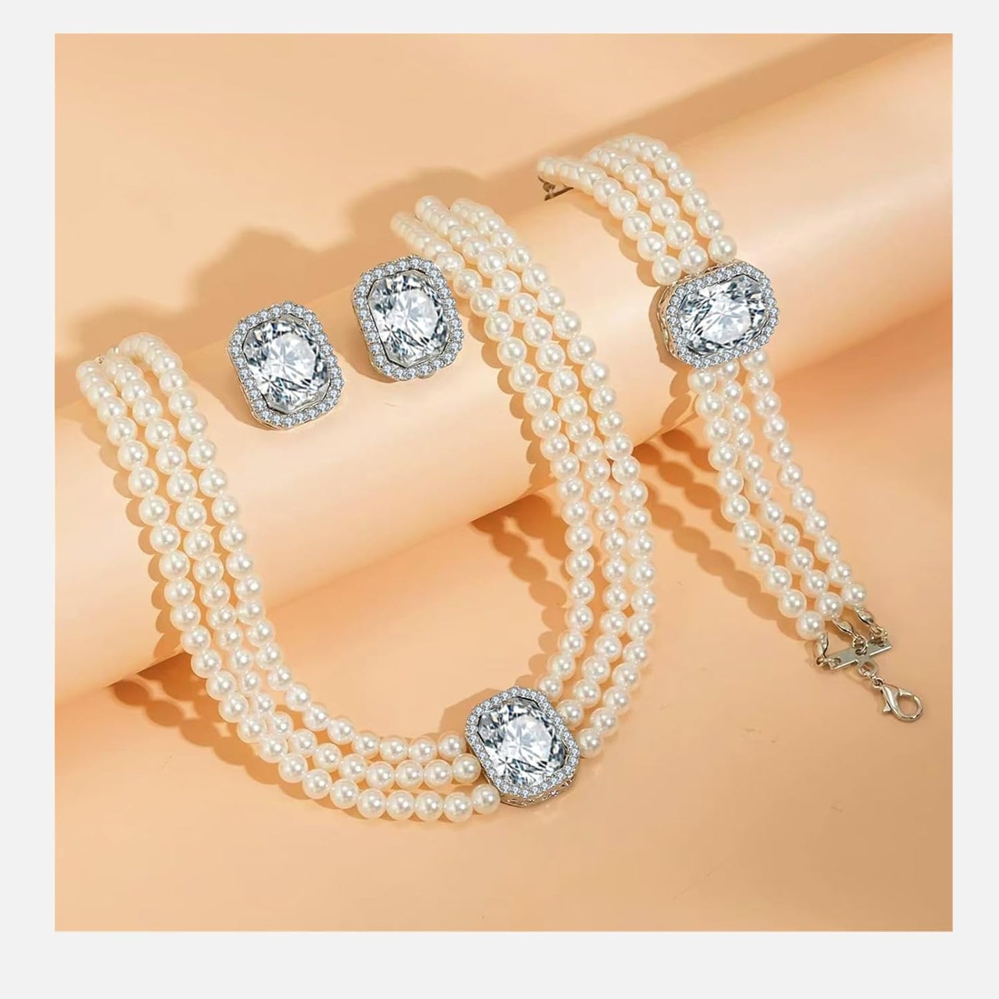 la luen Pearl Bride Wedding Jewelry Set Faux Pearls Crystal Rhinestone Necklace Earrings Bracelet Sets for Women Bridesmaid(3 PCS)