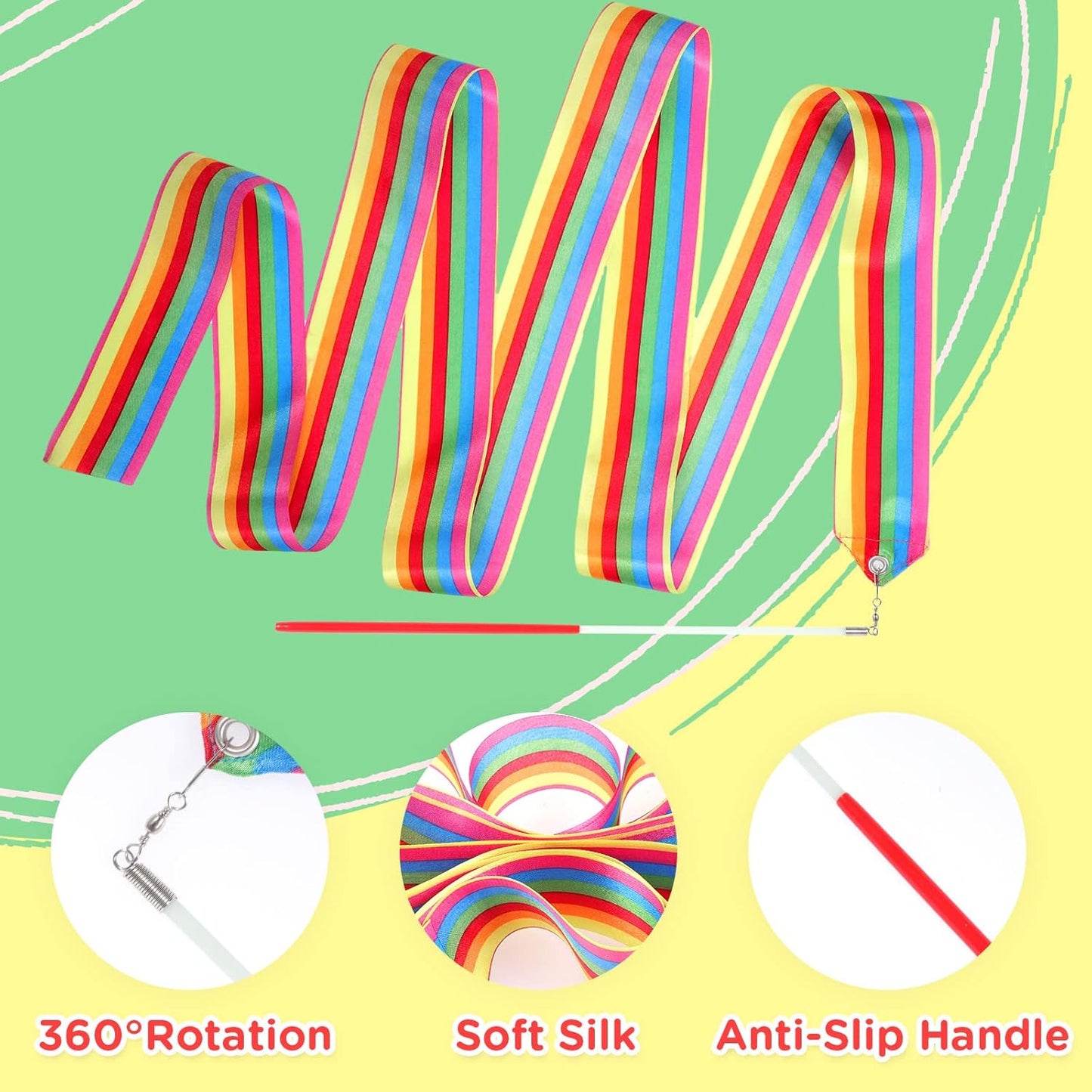 2PCS Rainbow Party Favors - Dance Ribbons for Kids Circus Carnival Rhythmic Gymnastics Birthday Party Decoration Supplies, Ribbon Baton Twirling Sticks Silks Streamers Wands for Girls