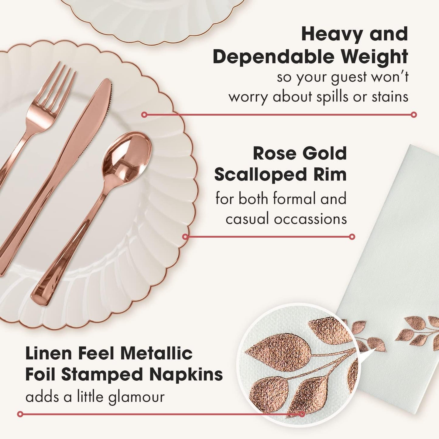 By Madee HEAVYWEIGHT 175 Pc Thanksgiving Plastic Plates and Napkins Sets – Ivory Scalloped Plates with Rose Gold Trim | Fall Disposable Dinnerware Set | Host Beautifully (25 Guests)