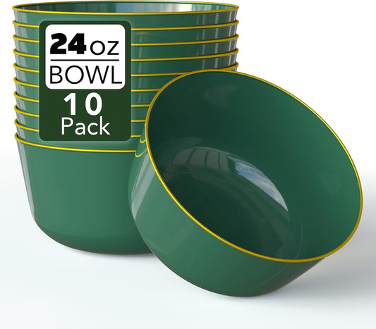 Trendables Plastic Bowls Disposable Bowls 24 Oz Bowl Set Of 10 Green Gold Rimmed Fancy Plastic Serving Bowls Perfect Plastic Ice Cream Bowls Plastic Salad Bowls Plastic Candy Bowl