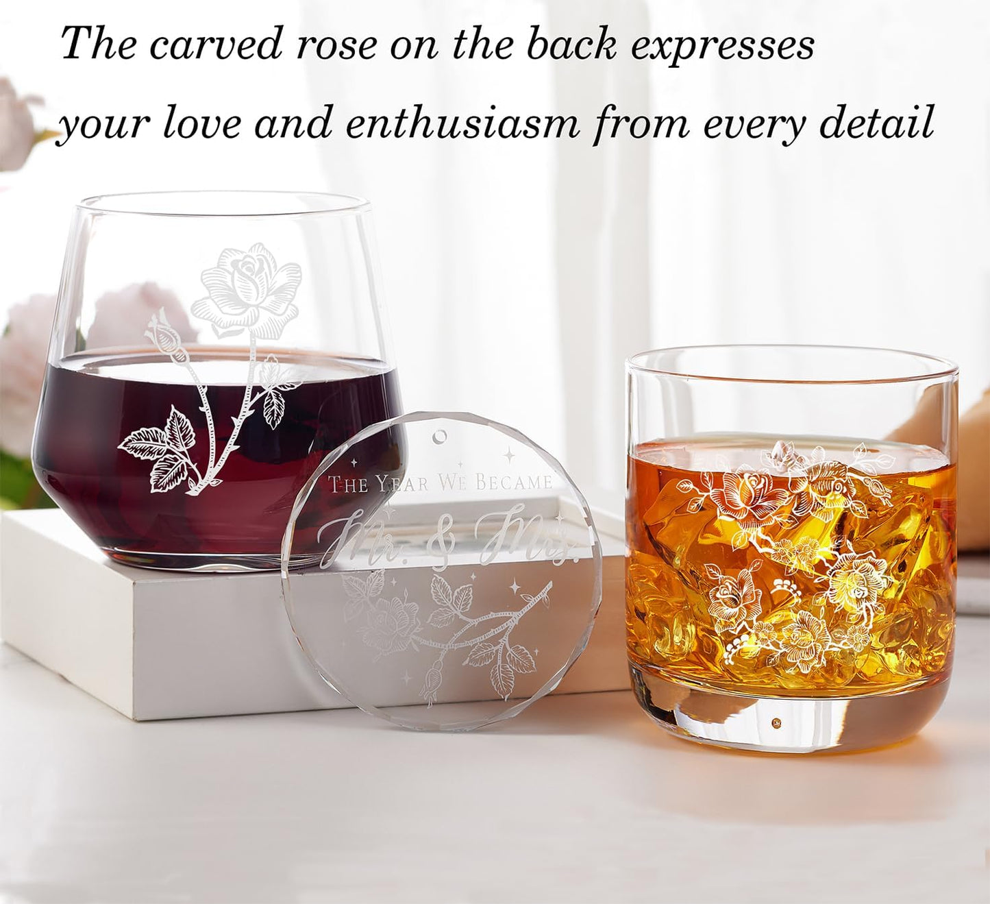 Laser engraving Wedding Gifts for Couples – His and Hers Whiskey & Wine Glasses with Glass Ornament | Perfect Bridal Shower, Engagement Gifts for Hubby and Wifey