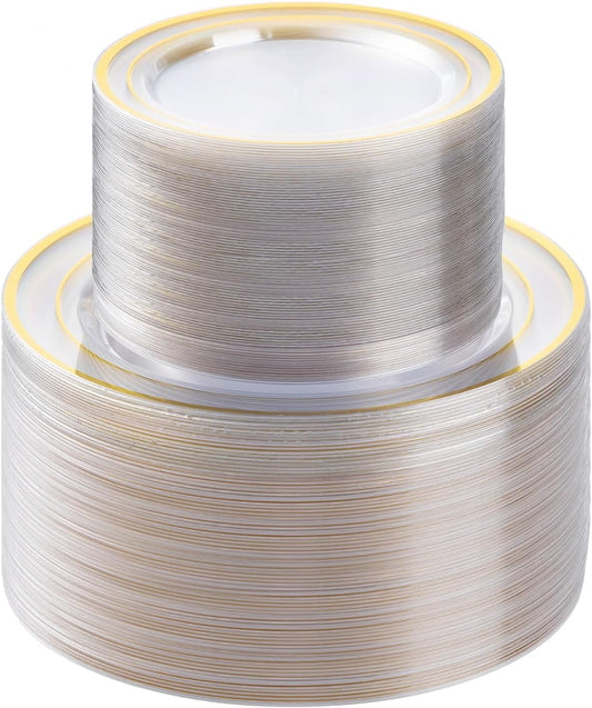 200PCS Clear Gold Plastic Plates Set, 100 10.25 inch Dinner Plates and 100 7.5 inch Dessert Plates, Disposable Plates for Party, Wedding