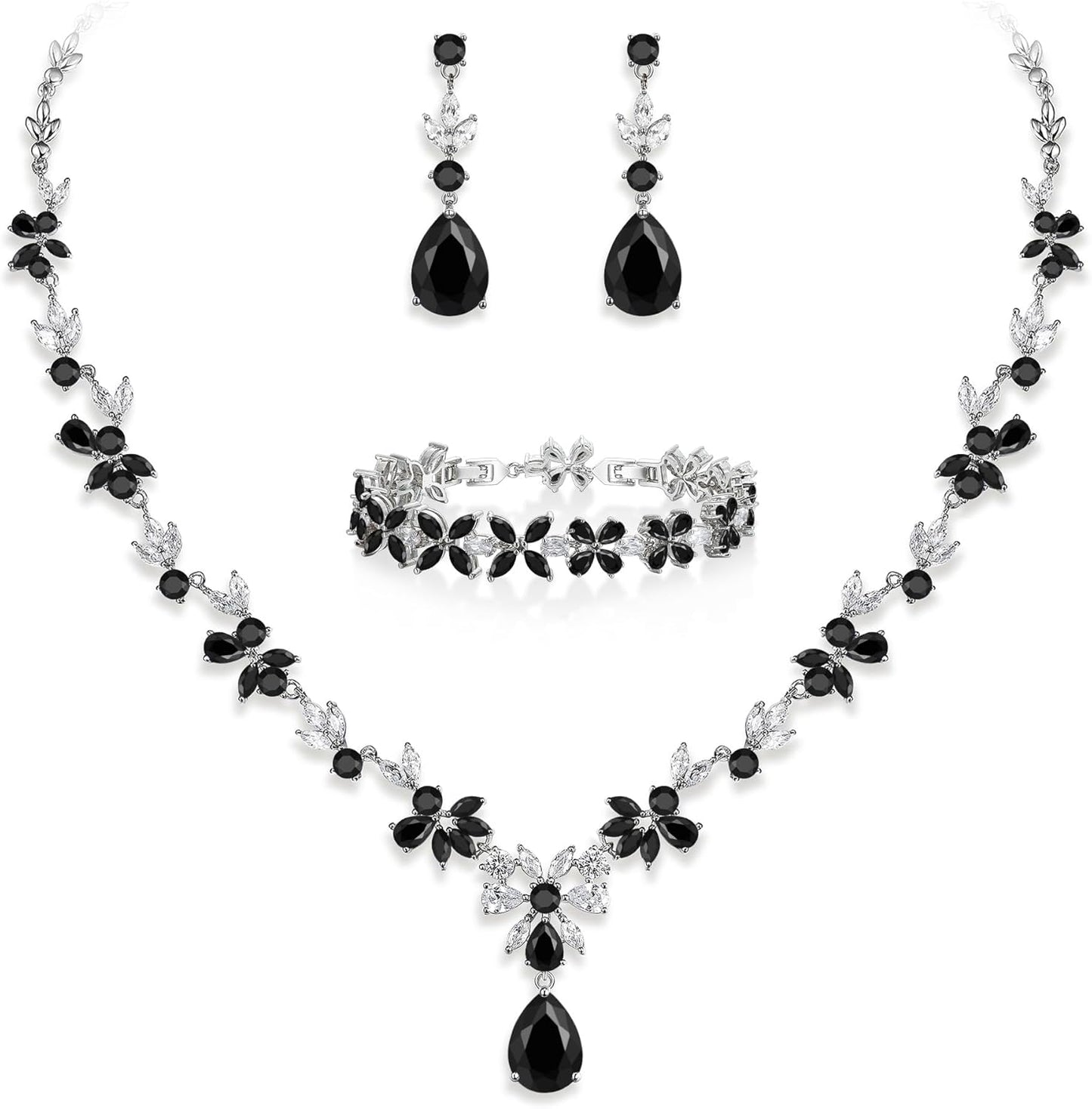 EVER FAITH Bridal Jewelry Set for Bride Bridesmaid, Flower Leaf Teardrop Cubic Zirconia Necklace Dangle Earrings Bracelet Sets Wedding Party for Women