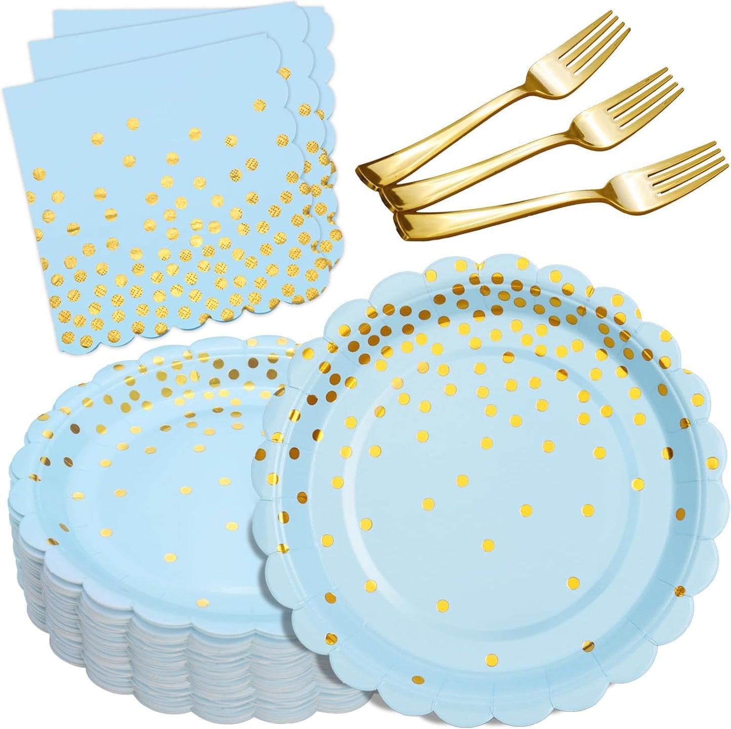 Light Blue Paper Plates and Napkins Party Supplies, Disposable Gold Dot Dessert Plates and Scalloped Napkins for Blue Party Decorations, Serves 35 Guests