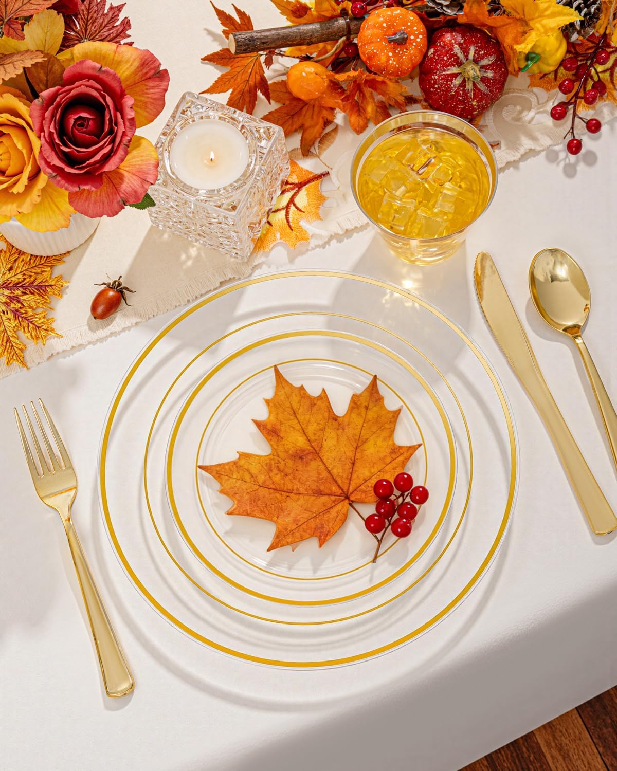 bUCLA 300Pcs Clear Gold Plastic Disposable Dinnerware Set - Clear Plates with Gold Trim Include 50 Dinner / 50 Dessert Plates,50 Cups,150 Plastic Silverware Set for Party, Fall & Thanksgiving