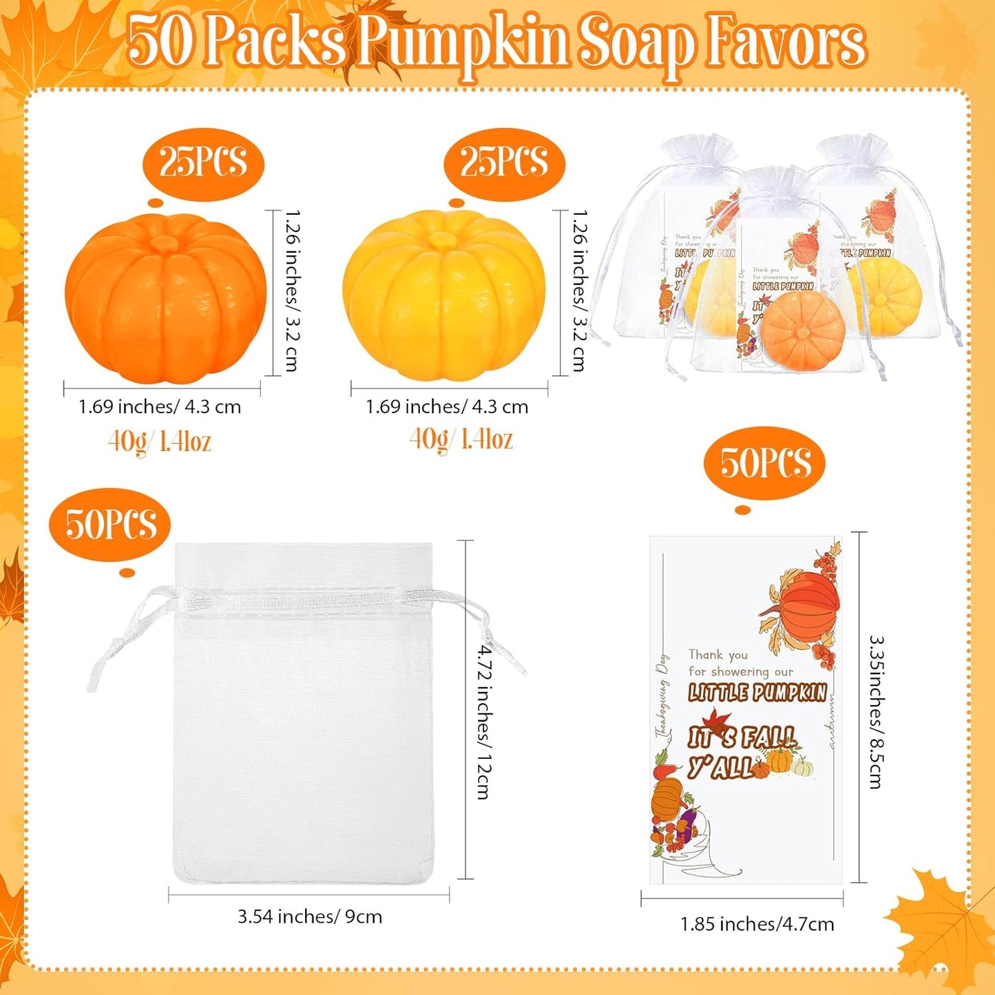 Liliful 50 Sets Pumpkin Soap Baby Shower Favors Thanksgiving Fall Favors for Bridal Shower Wedding Party Decorations 50 Little Pumpkin Soaps 50 Thanks Cards 50 Organza Bags Gender Reveal Gift(Orange)