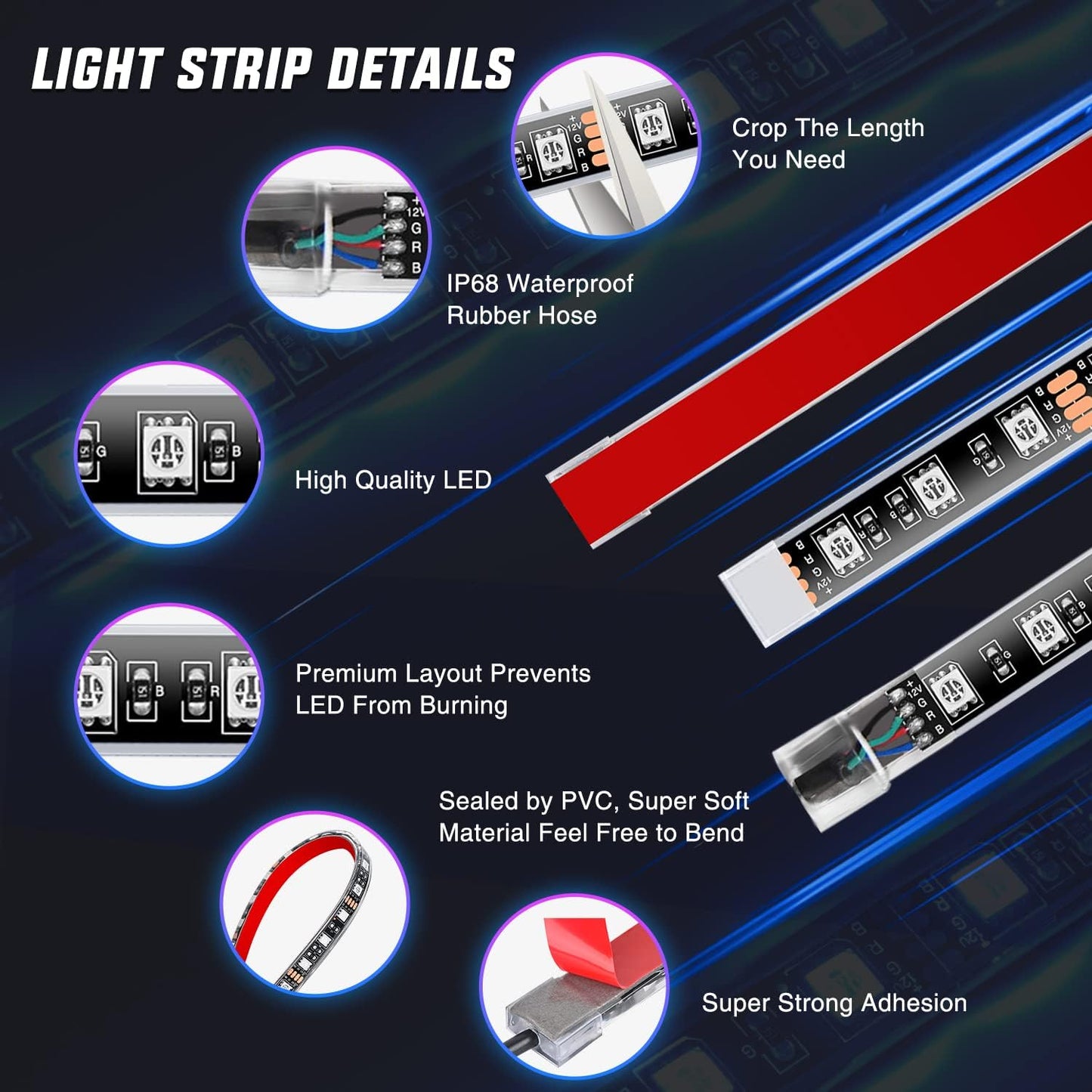 Nilight 12PCS Motorcycle RGB Led Light Kit Waterproof Multi Color Atmosphere Neon Accent APP and Remote Control Underbody Strips for Harley Davidson Honda Kawasaki Suzuki