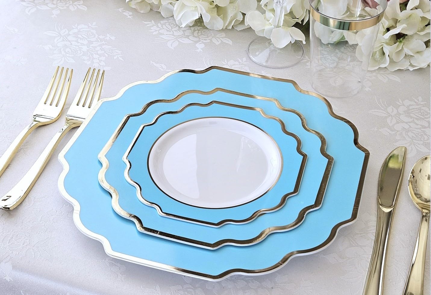 " OCCASIONS " 50 Plates Pack (25 Guests)-Heavyweight Wedding Party Disposable Plastic Plate Set -(25x10.5'' Dinner + 25x8'' Salad/dessert (Imperial Aqua/Gold)