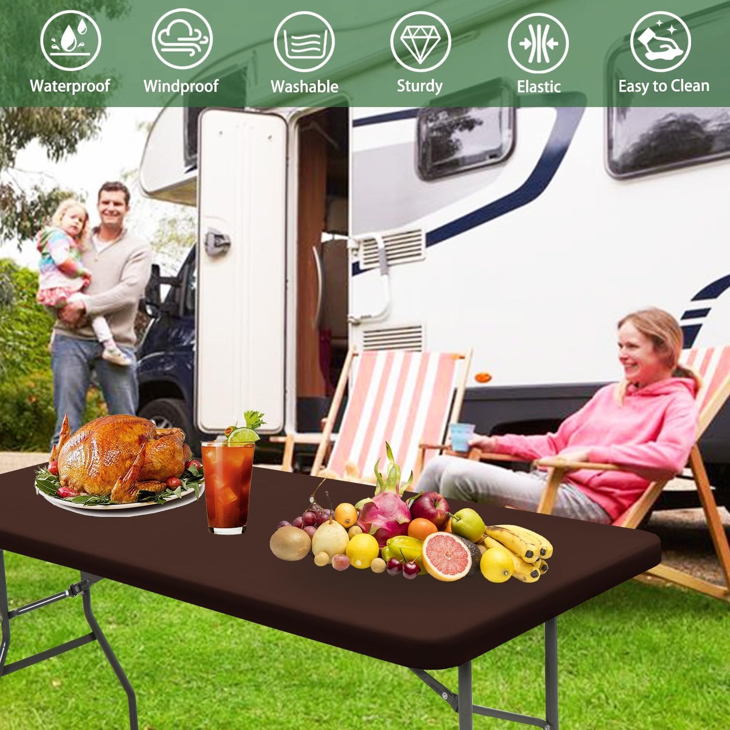6 Pack Picnic Table Cover Fitted 6 Foot Tablecloth for Rectangle Tables Elastic Waterproof Stretch Washable Patio Folding Outdoor Spandex Table Cloth for Camping Banquet and Parties (Coffee 30" x 72")