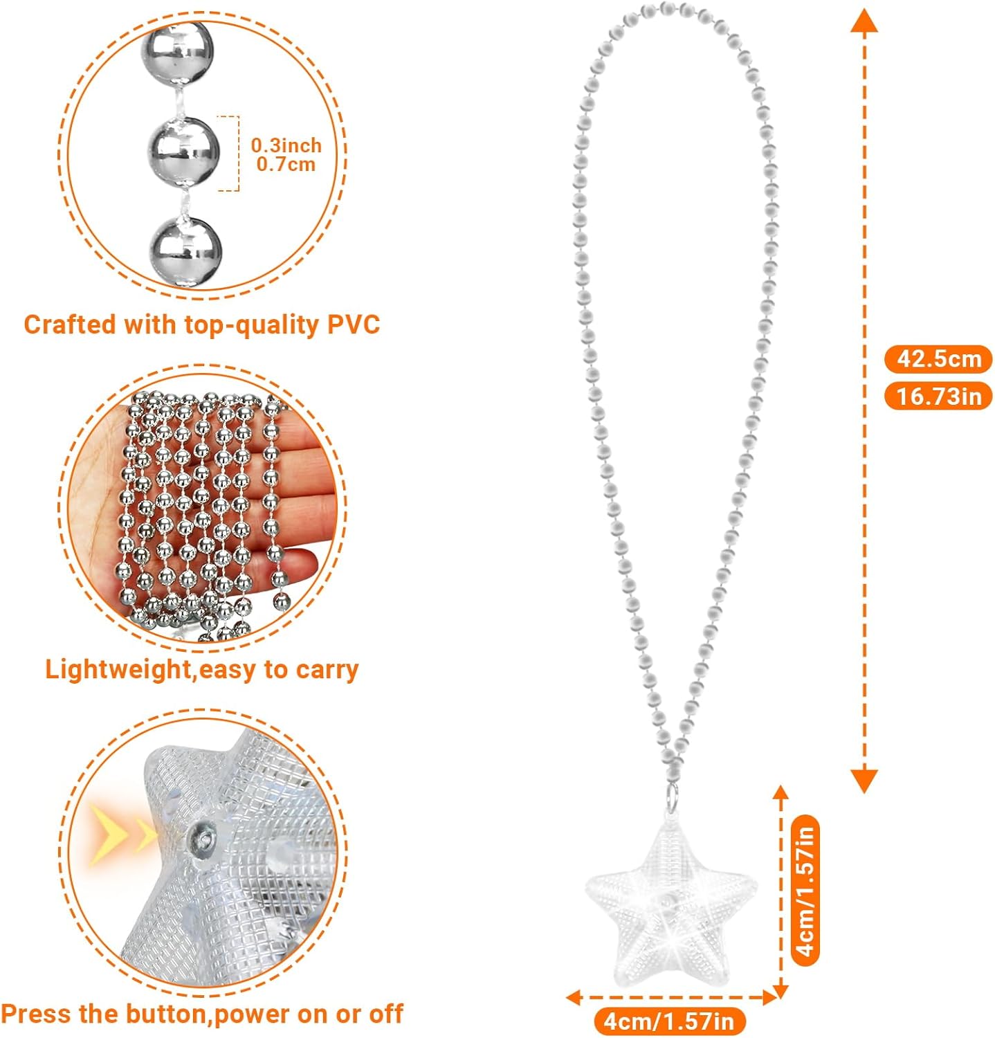 6 Pack Clear LED Glow Star Necklace Bulk Beaded Necklaces for Halloween Christmas Decorations Mardi Gras Party Favors