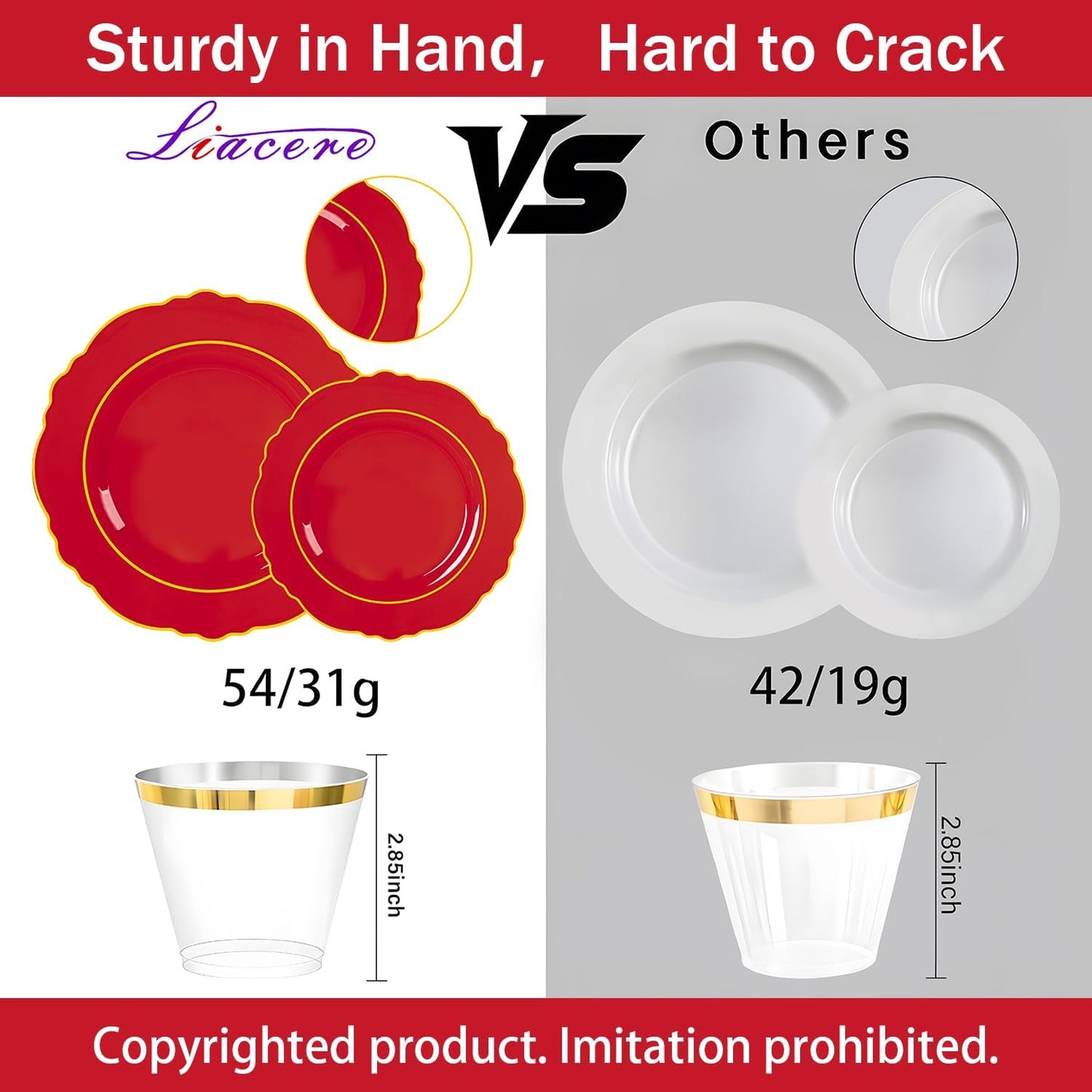 Liacere 350PCS Red Plastic Plates - Christmas Red Disposable Plates With Gold Rim - 50Guest Baroque Plastic Dinnerware include 100Plates-50Pack Pre Rolled Napkins with Silverware 50Cups for Christmas