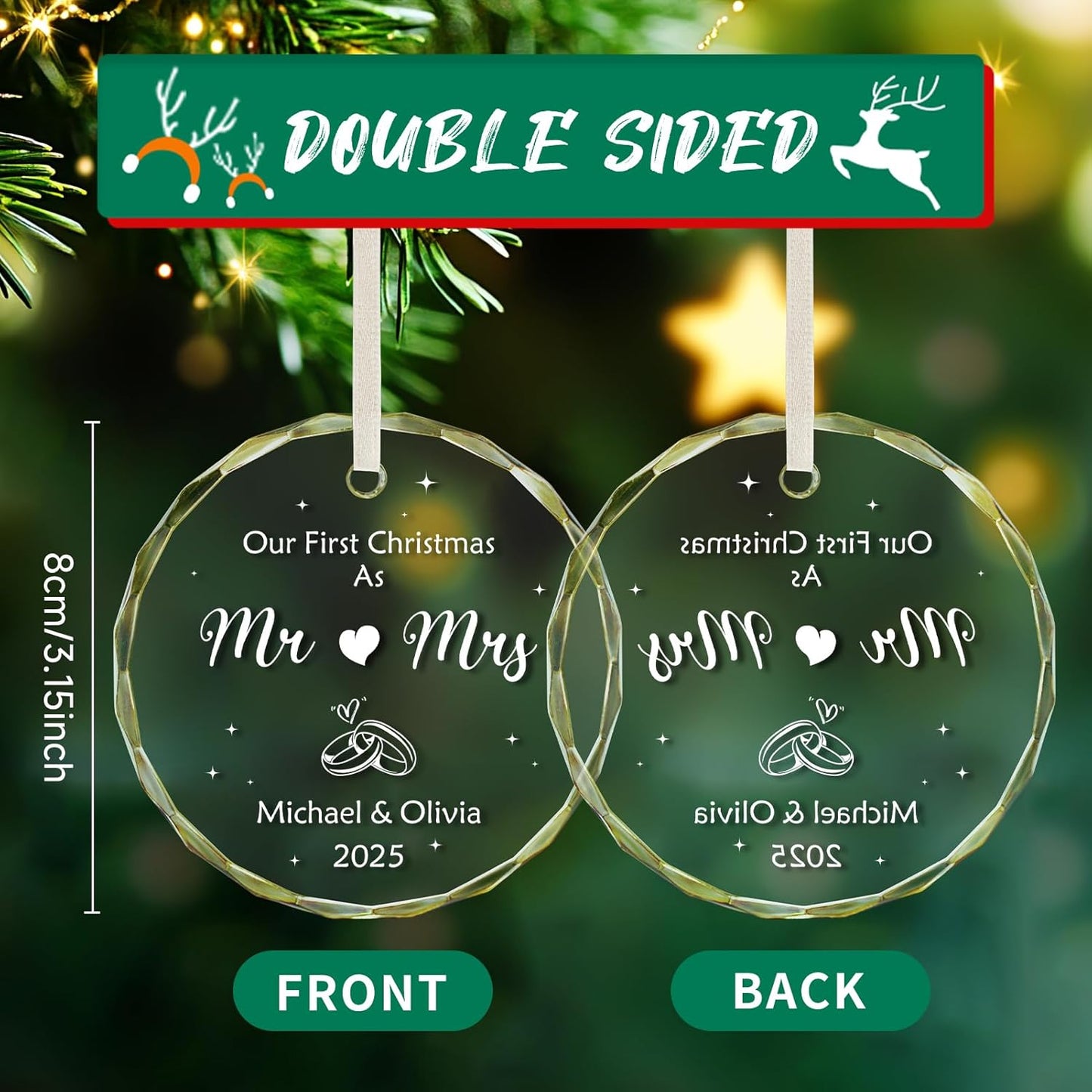 Personalized First Christmas Married Ornament 2025, Custom Engaged Christmas Ornaments with Names, Customized Wedding Engagement Gifts for Newlywed Couples Him Her