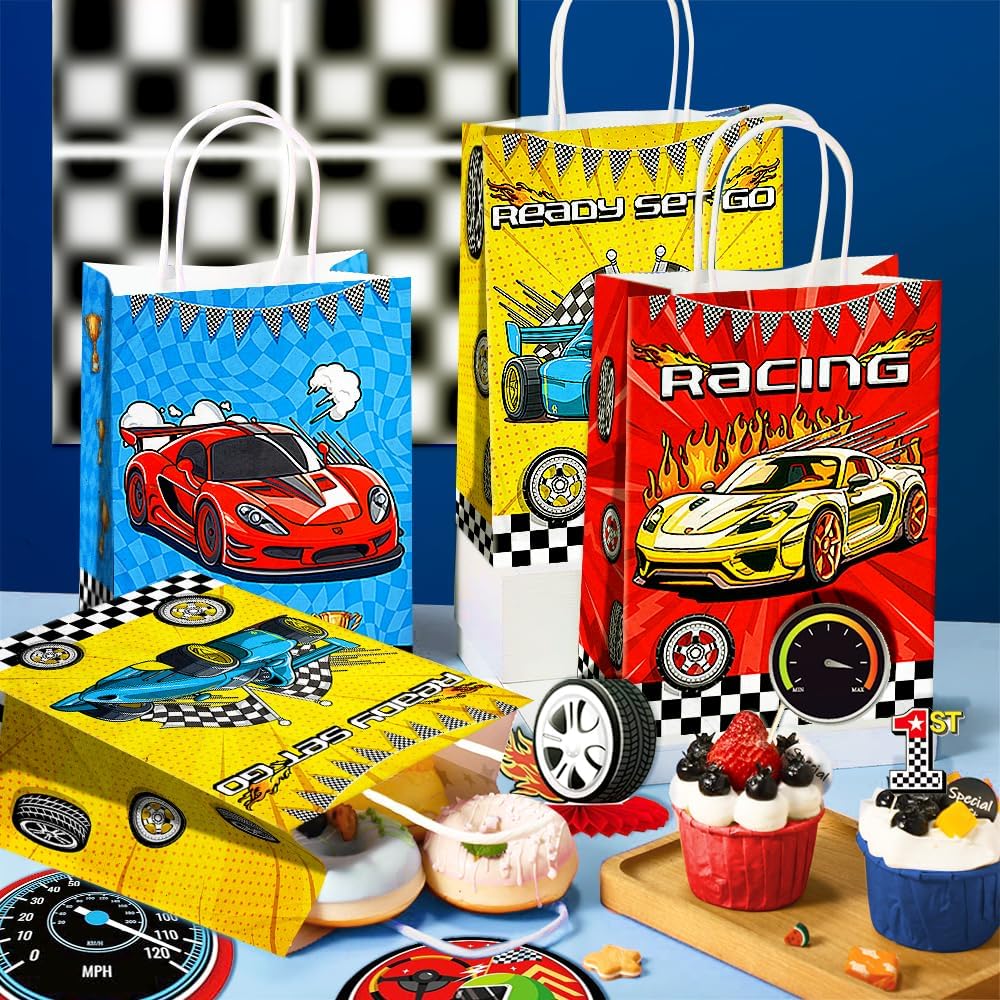 24 Pcs Racing Car Party Favor Bags with Handles - Race Car Goodie Bags Gift Bags. Checkered Two Fast Theme Candy Bags for Kids, Kraft Paper Bags for Birthday Party Supplies Decorations