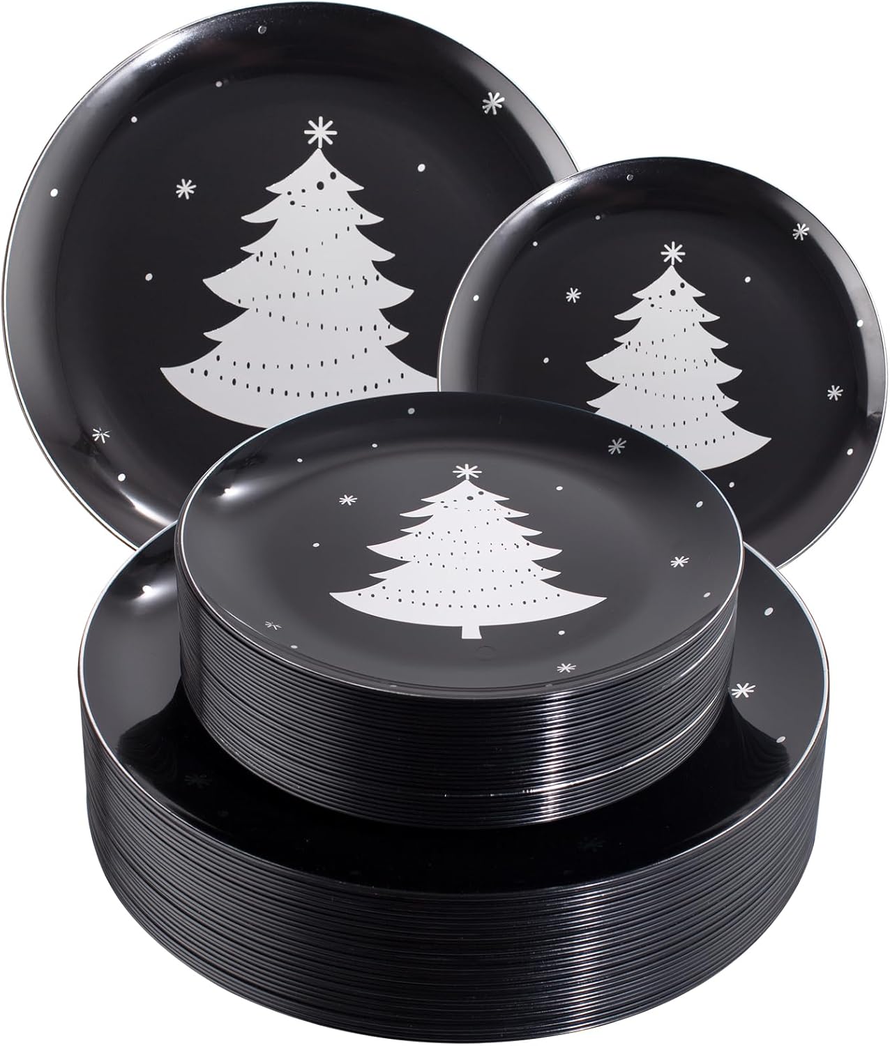 WDF 50 Pieces Christmas Plates Plastic - Black and Silver Plates with Christmas Tree include 25 Dinner Plates, 25 Salad Plates - Black Silver Party Plates for Christmas, Winter