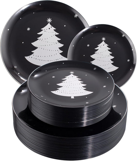 WDF 50 Pieces Christmas Plates Plastic - Black and Silver Plates with Christmas Tree include 25 Dinner Plates, 25 Salad Plates - Black Silver Party Plates for Christmas, Winter