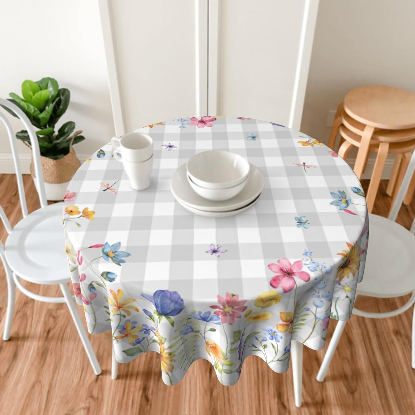 Giwawa Spring Floral Tablecloth Round 60 Inch Watercolor Summer Flower Table Cover with Grey Buffalo Plaids Wildflower Butterfly Table Cloth Polyester Heat Resistance for Kitchen Dining Camping Decor