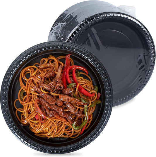Disposable Plates Mineral Filled PP 9 Inch - 150 Pack Shrink Wrap BPA Free Party Trays | Reusable Dishwasher Freezer & Microwave Safe | Heavy Duty Black Plastic Plate for Party Bulk Catering