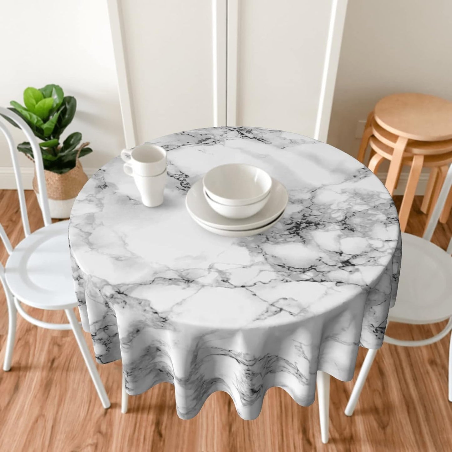 Giwawa White Marble Tablecloth Round 60 Inch, Black Grey Marbling Granite Surface Texture Decorative Table Cover for Kitchen Dinning Party, Waterproof Stain & Wrinkle Resistant