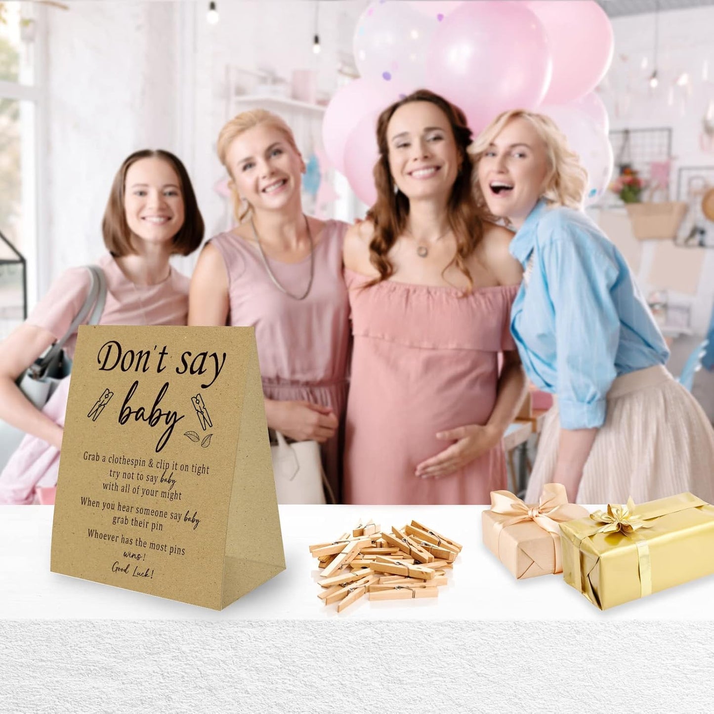 Don't Say Baby Game For Baby Shower Clothespin Game, One 5x7 Kraft Sign And 50 Natural Clothespins, Minimal Style, Gender Neutral -NDSBB02