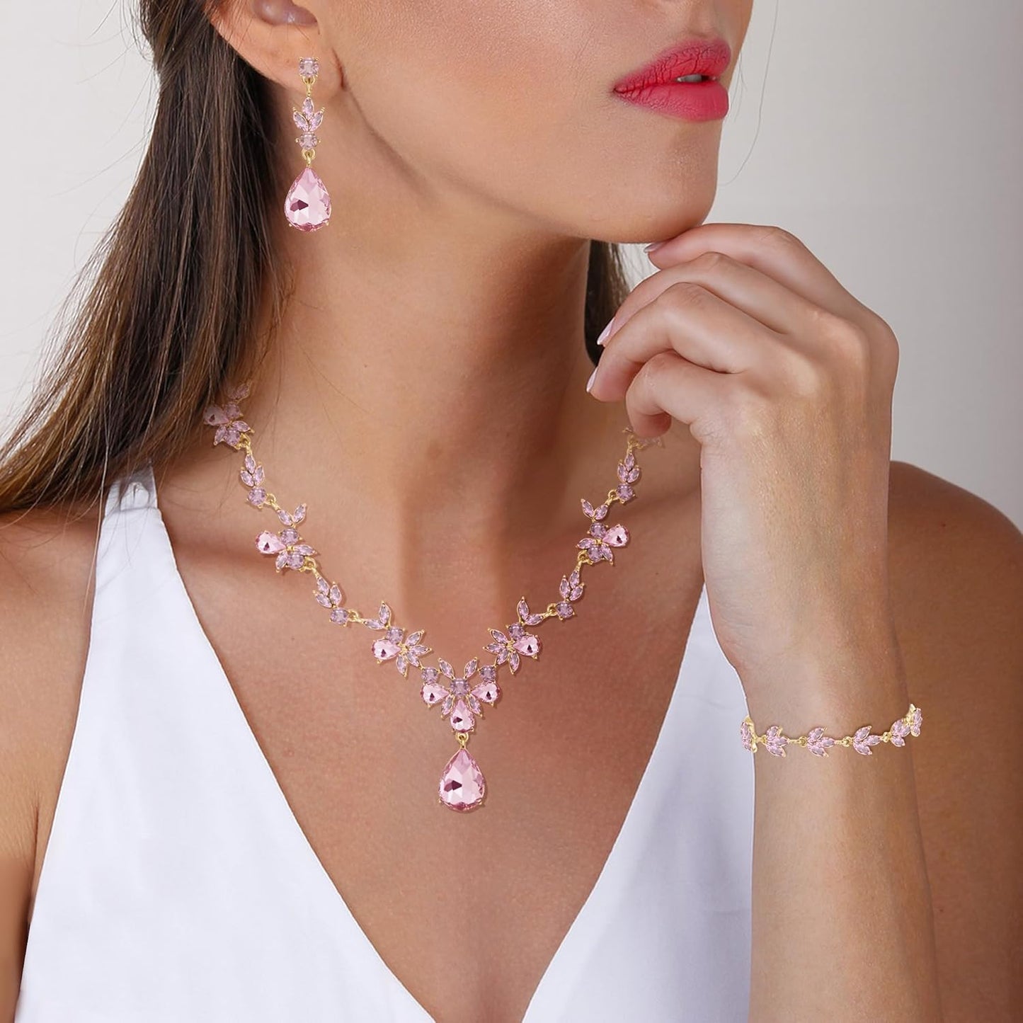 Bridal Wedding Elegant Floral Jewelry Set for Women/Brides/Bridesmaids Crystal Jewelry Set for Wedding Prom Party Bridal Crystal Necklace Earrings Bracelet Set