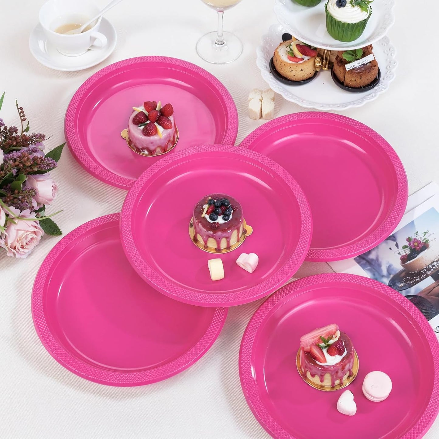 WELLIFE Hot Pink Party Plates 10 Inch -150 Count, Disposable Plastic Dinner Plates for Valentine's Day Girls' Party Easter Mother's Day Birthday Baby Shower Wedding