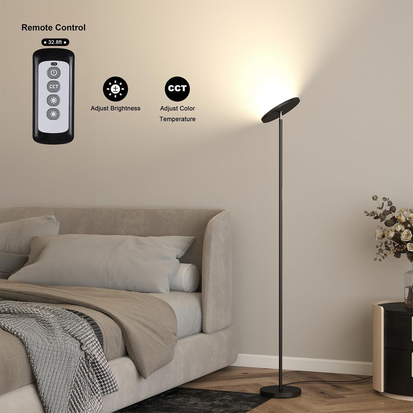 JOOFO Floor Lamp,30W/2400LM Sky LED Modern Torchiere 3 Color Temperatures Super Bright-Tall Standing Pole Light with Remote & Touch Control for Living Room,Bed Room,Office (Black)