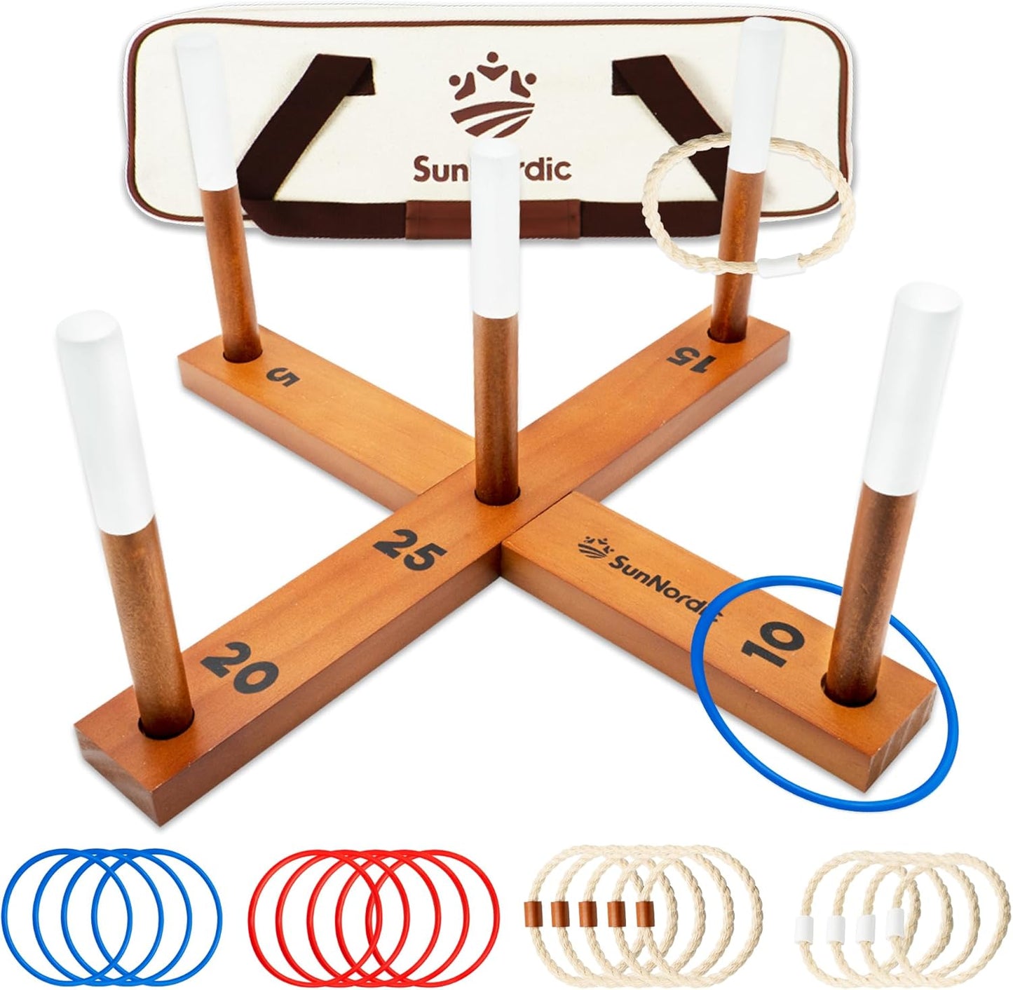 Wooden Ring Toss Game Set, Backyard Beach Camping Game with Toss Rings & Portable Carrying Bag, Outdoor Lawn & Yard Games for Kids, Adults & Family