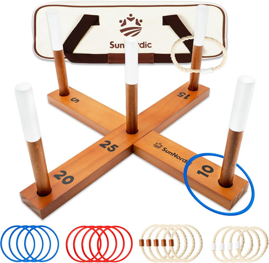Wooden Ring Toss Game Set, Backyard Beach Camping Game with Toss Rings & Portable Carrying Bag, Outdoor Lawn & Yard Games for Kids, Adults & Family