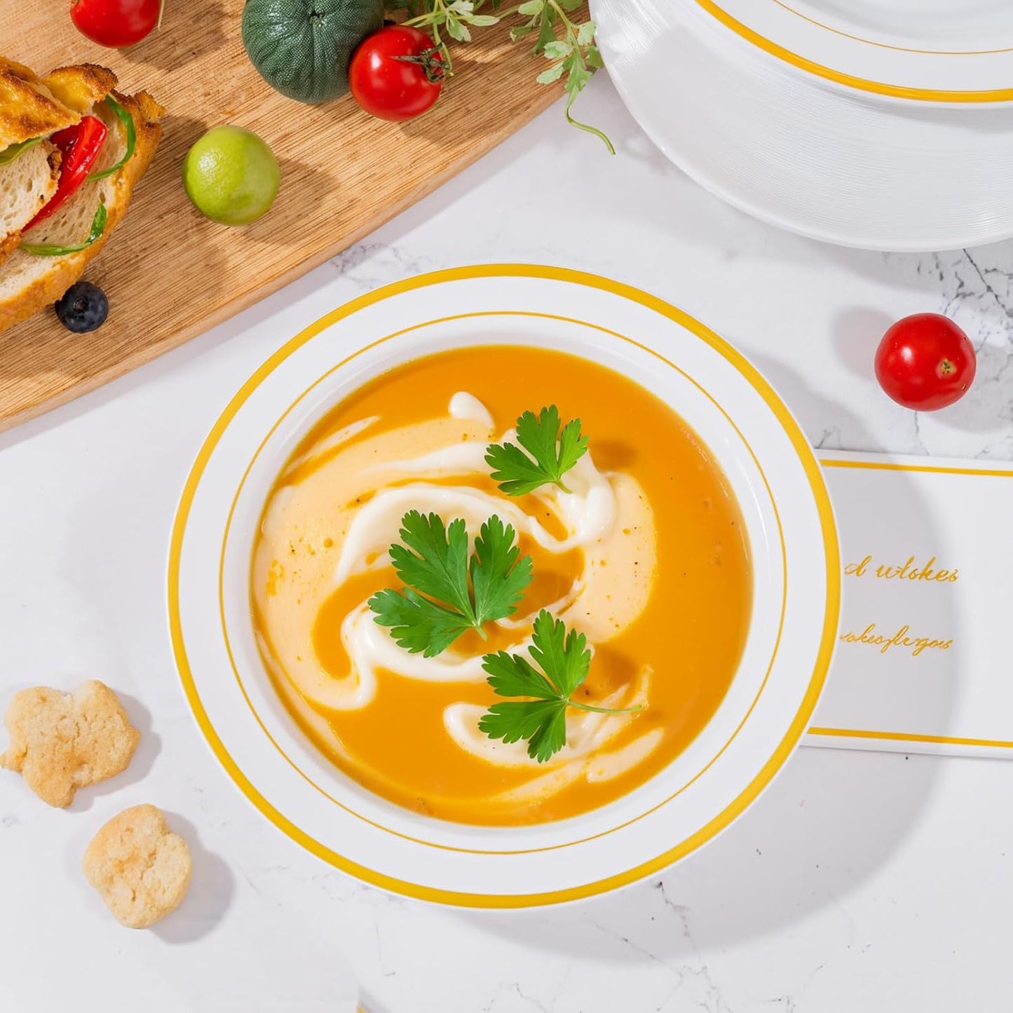 bUCLA 60 Pack Plastic Bowls with Gold Rim - 12 oz Plastic Soup Bowls Disposable for Wedding, Party, Gathering & Thanksgiving