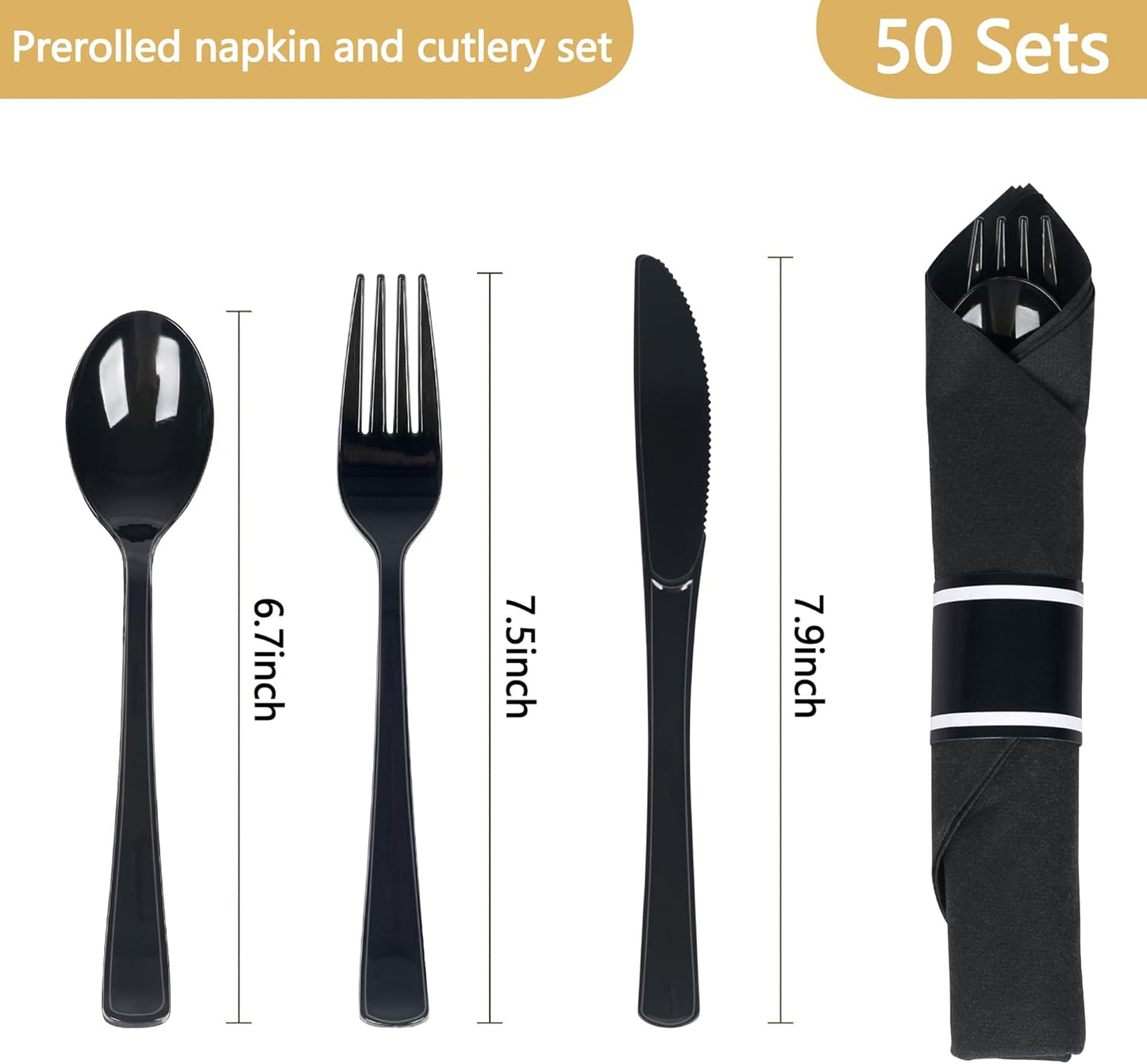 50 Pack Pre Rolled Black Plastic Silverware Set,Wrapped Plastic Cutlery Set with Napkin Include 50 Forks,50 Spoons,50 Knives and 50 Black Napkins for Party,Wedding