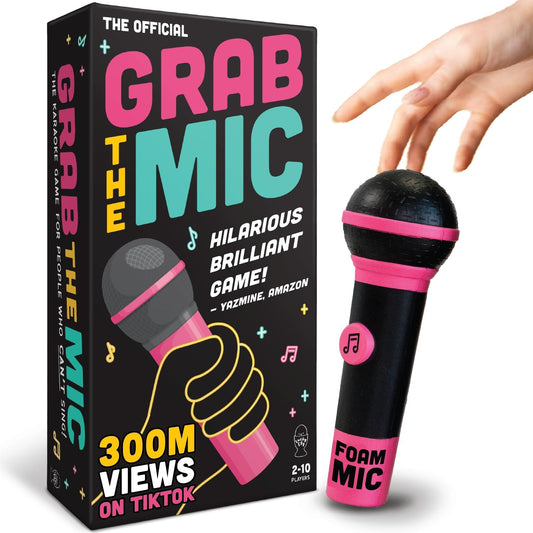 Lucky Egg Official Grab The Mic – Family Karaoke Board Game w/Foam Mic, 8+ Ages, 2-10 Players - Games for Bad Singers w/ 250 Lyrics (125 Cards) for Hilarious Game Nights & Birthday Party, Kids Gift