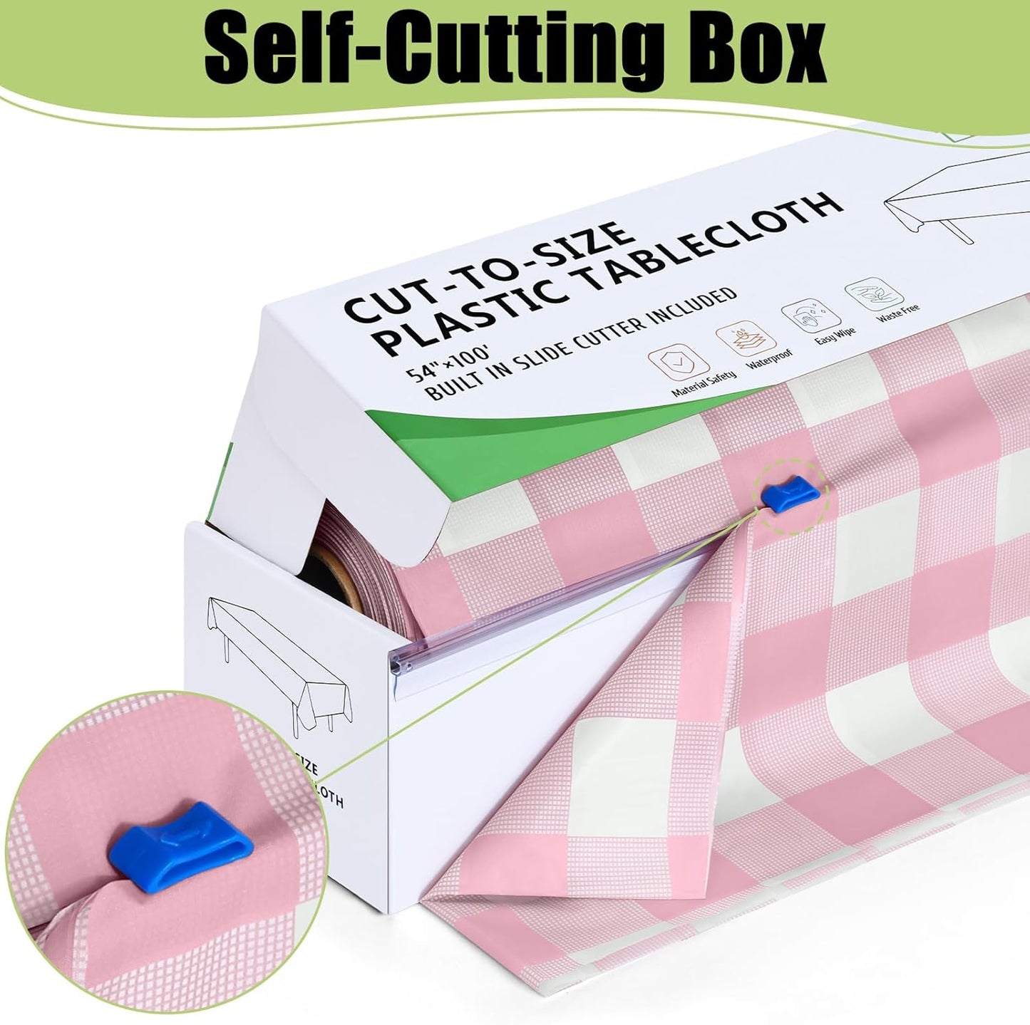 Smiry 54 Inch x 100 Feet Disposable Table Cover Roll, Pink & White Plastic Table Cloth in Cut-to-Size Box with Slide Cutter, Waterproof Rectangle Tablecloths for Weddings, Banquets, Outdoor