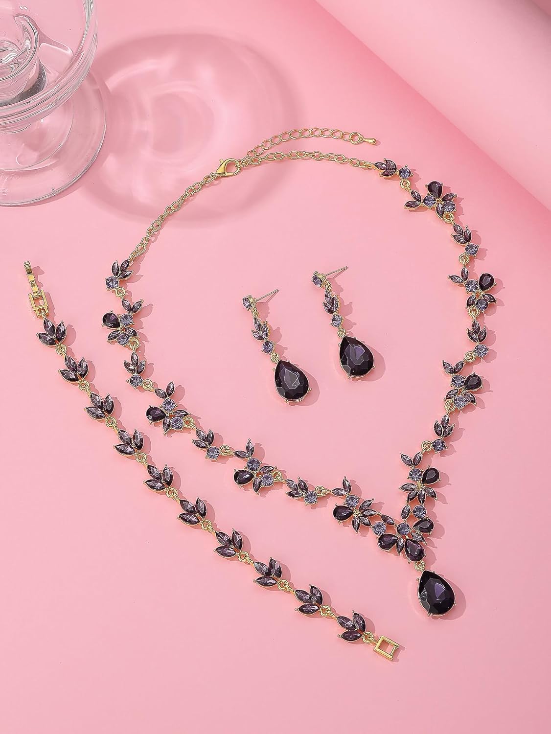 Bridal Wedding Elegant Floral Jewelry Set for Women/Brides/Bridesmaids Crystal Jewelry Set for Wedding Prom Party Bridal Crystal Necklace Earrings Bracelet Set