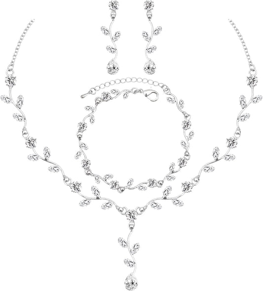 Elegant Bridal Jewelry Sets for Wedding Bride Leaf Shape Cubic Zirconia Necklace Earrings Bracelet Set Prom Costume Accessories