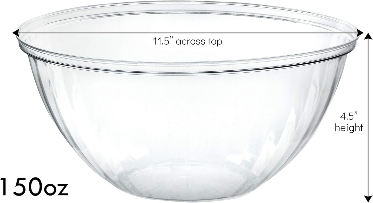 PLASTICPRO Disposable 150 Ounce Round Crystal Clear Plastic Serving Bowls, With Lids Party Snack or Salad Bowl, Chip Bowls, Snack Bowls, Candy Dish, Salad Container Pack of 4
