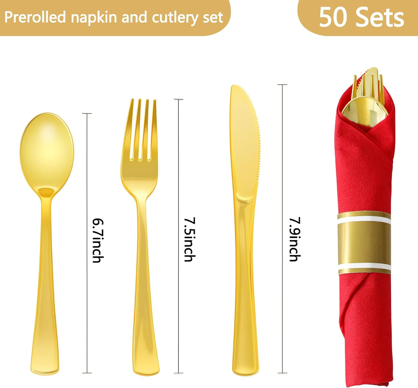 50 Pack Pre Rolled Gold Plastic Silverware Set,Wrapped Plastic Cutlery Set with Napkin Include 50 Forks,50 Spoons,50 Knives and 50 Red Napkins for Party,Wedding
